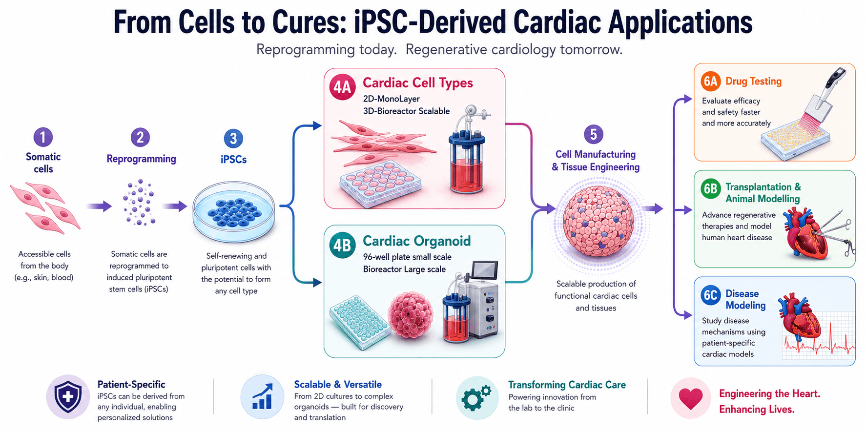 Lab research pipeline — from somatic cells through iPSCs to cardiac organoids, drug testing, and disease modelling